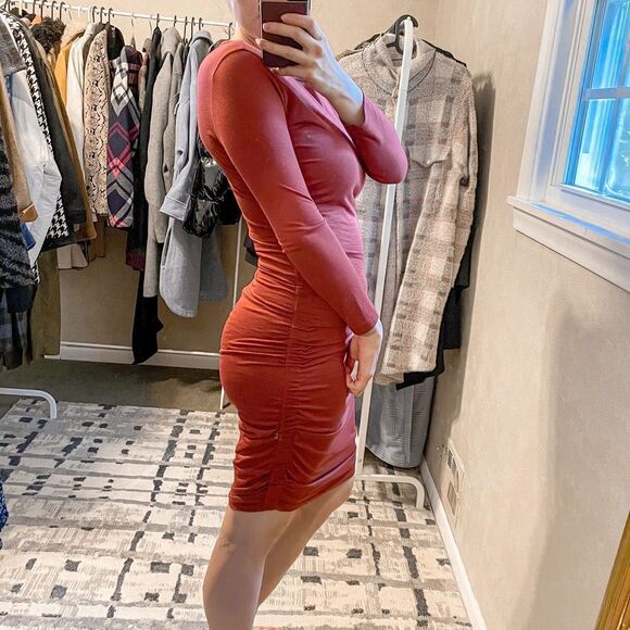 Theory Ruched Mini Dress Cider Red Fitted Bodycon S - Picture 5 of 10